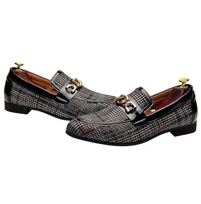 Men's Plaid Pinch Metal Chain Loafers – Casual Leather Shoes