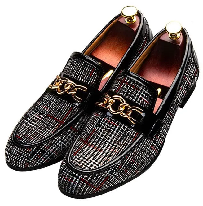 Men's Plaid Pinch Metal Chain Loafers – Casual Leather Shoes