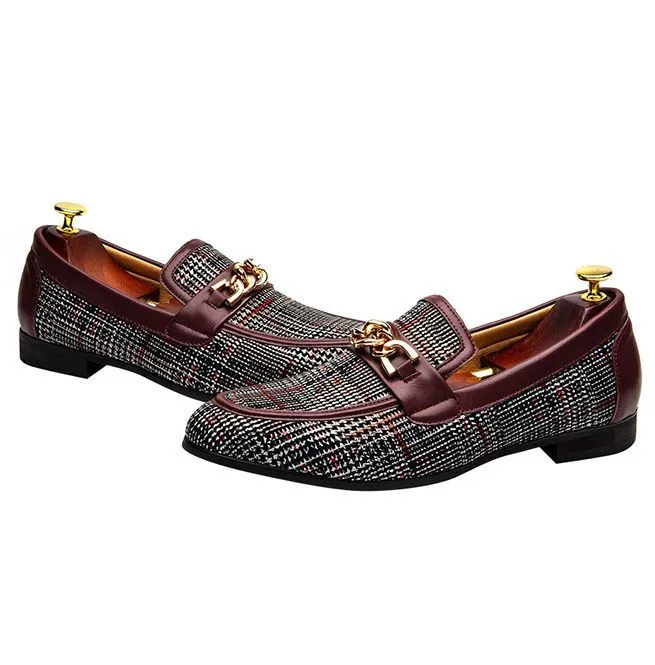 Men's Plaid Pinch Metal Chain Loafers – Casual Leather Shoes