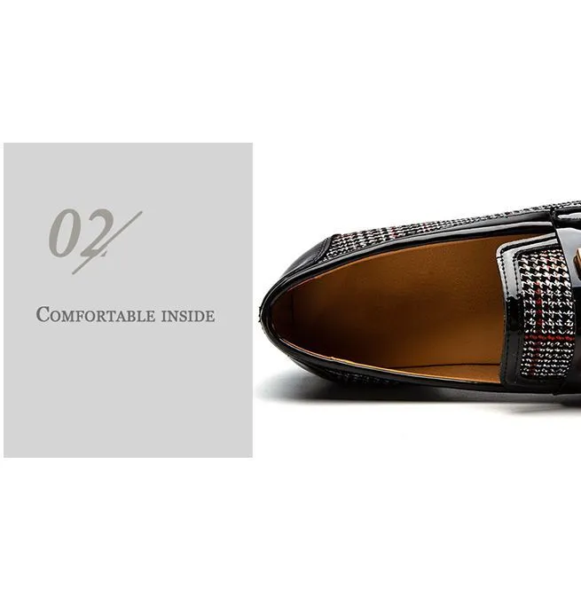 Men's Plaid Pinch Metal Chain Loafers – Casual Leather Shoes