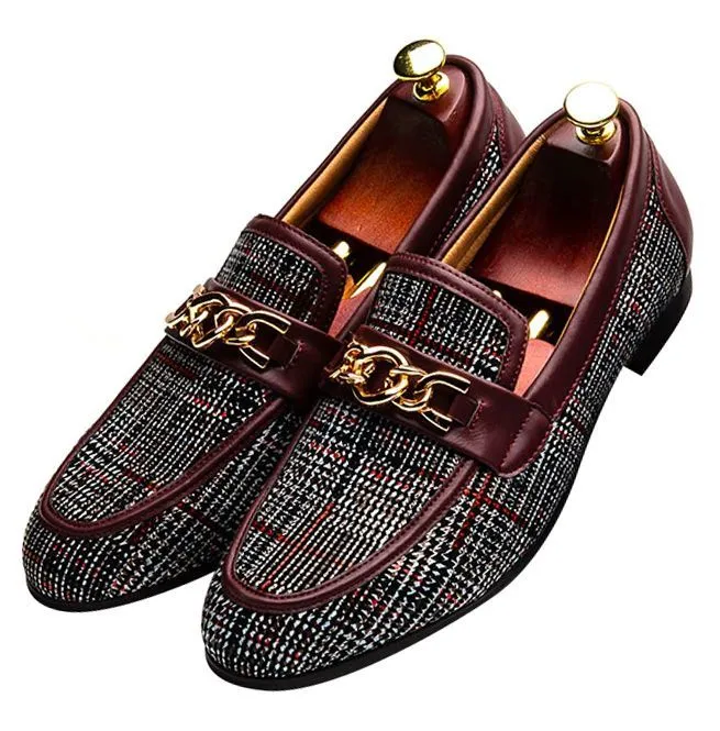 Men's Plaid Pinch Metal Chain Loafers – Casual Leather Shoes