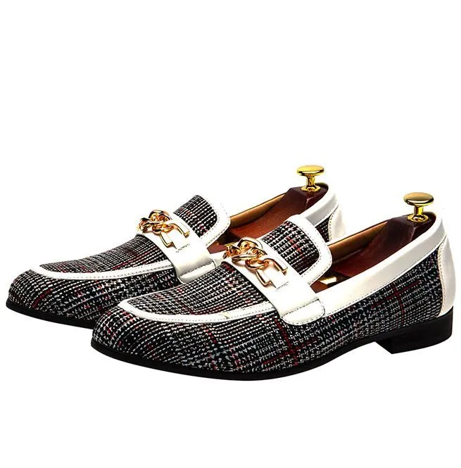 Men's Plaid Pinch Metal Chain Loafers – Casual Leather Shoes