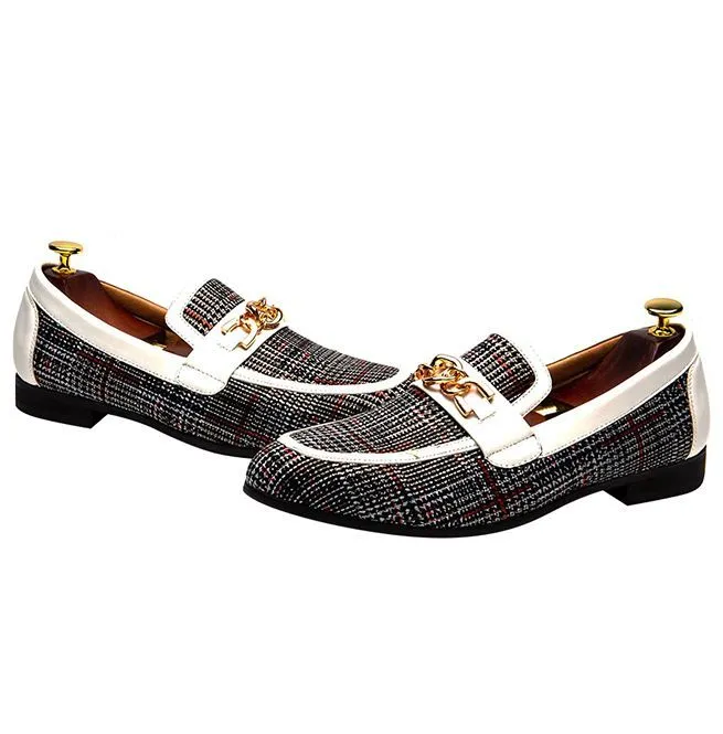 Men's Plaid Pinch Metal Chain Loafers – Casual Leather Shoes