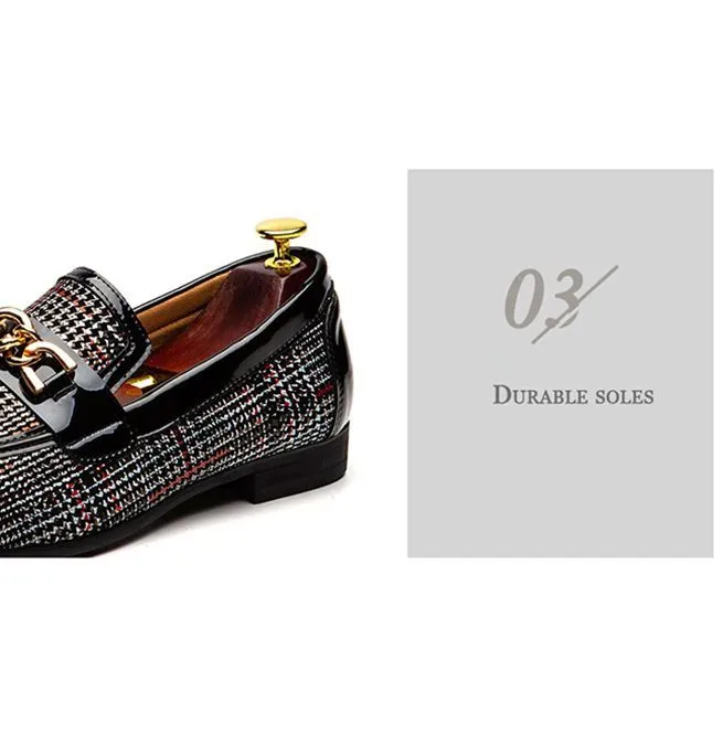 Men's Plaid Pinch Metal Chain Loafers – Casual Leather Shoes