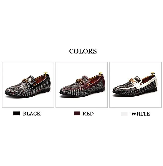 Men's Plaid Pinch Metal Chain Loafers – Casual Leather Shoes