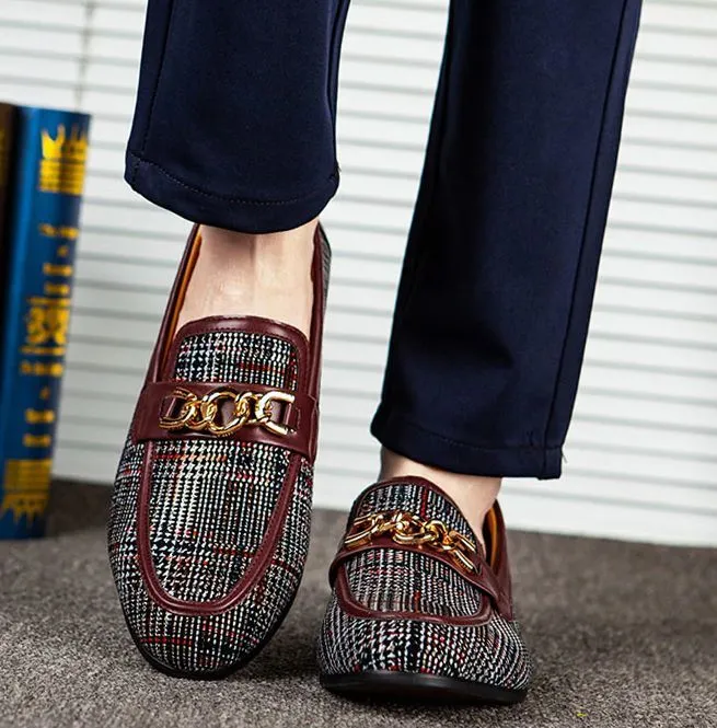 Men's Plaid Pinch Metal Chain Loafers – Casual Leather Shoes