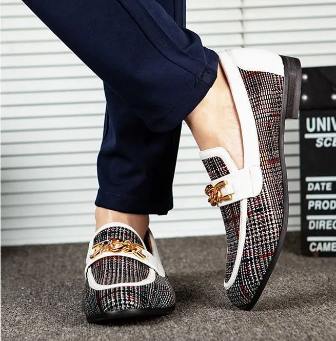 Men's Plaid Pinch Metal Chain Loafers – Casual Leather Shoes