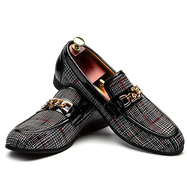 Men's Plaid Pinch Metal Chain Loafers – Casual Leather Shoes