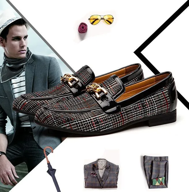 Men's Plaid Pinch Metal Chain Loafers – Casual Leather Shoes
