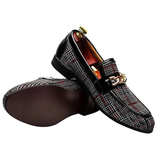 Men's Plaid Pinch Metal Chain Loafers – Casual Leather Shoes