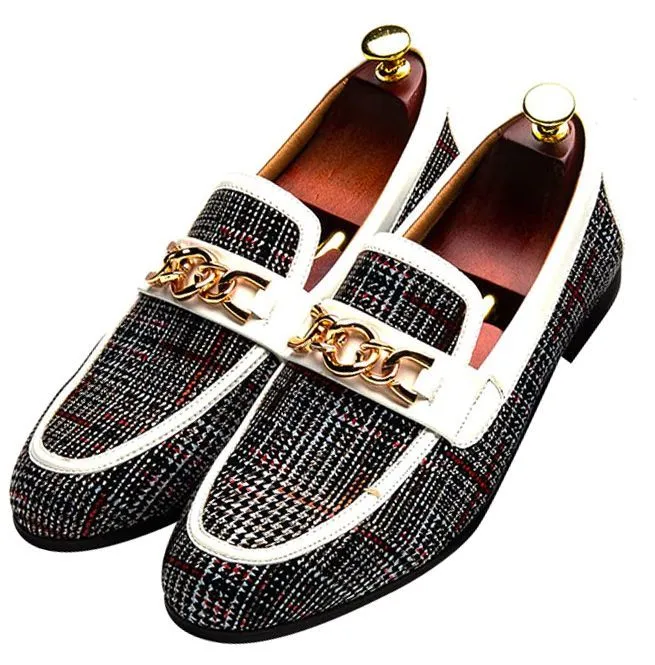 Men's Plaid Pinch Metal Chain Loafers – Casual Leather Shoes
