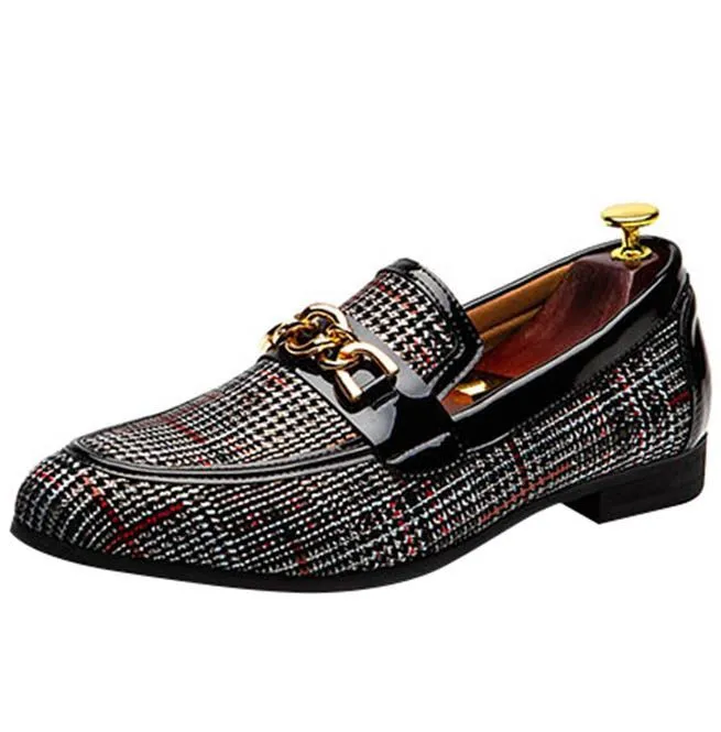 Men's Plaid Pinch Metal Chain Loafers – Casual Leather Shoes