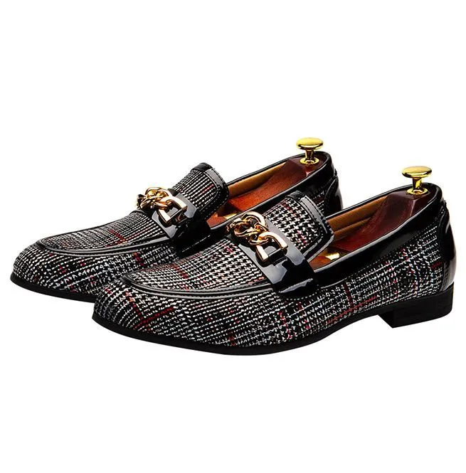 Men's Plaid Pinch Metal Chain Loafers – Casual Leather Shoes