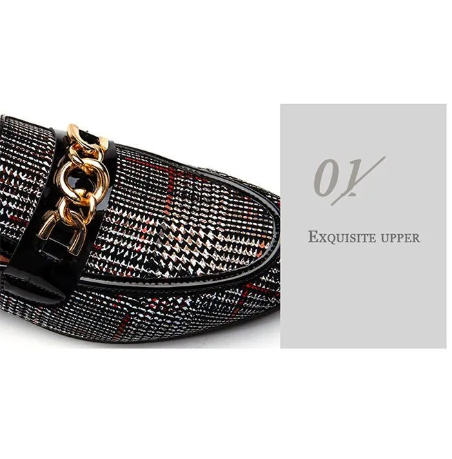 Men's Plaid Pinch Metal Chain Loafers – Casual Leather Shoes