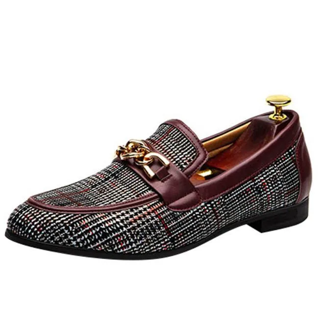 Men's Plaid Pinch Metal Chain Loafers – Casual Leather Shoes