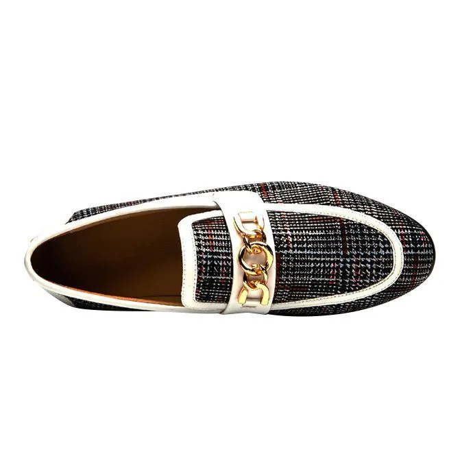 Men's Plaid Pinch Metal Chain Loafers – Casual Leather Shoes
