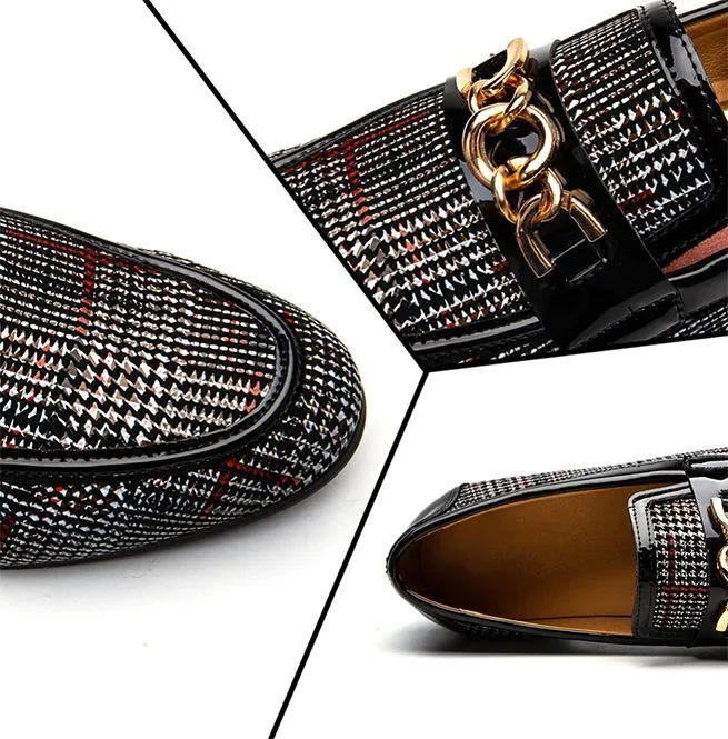 Men's Plaid Pinch Metal Chain Loafers – Casual Leather Shoes