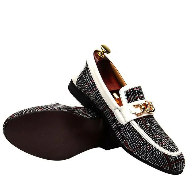 Men's Plaid Pinch Metal Chain Loafers – Casual Leather Shoes