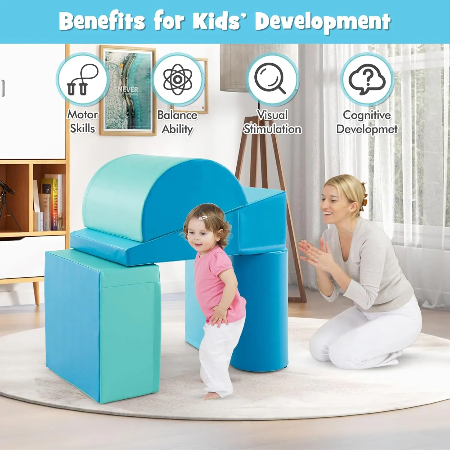 Montessori Soft Play Equipment | Pikler 5 Piece Foam Soft Play Set | Soft Play Slide & Bridge | Blues Set | 1-3 years