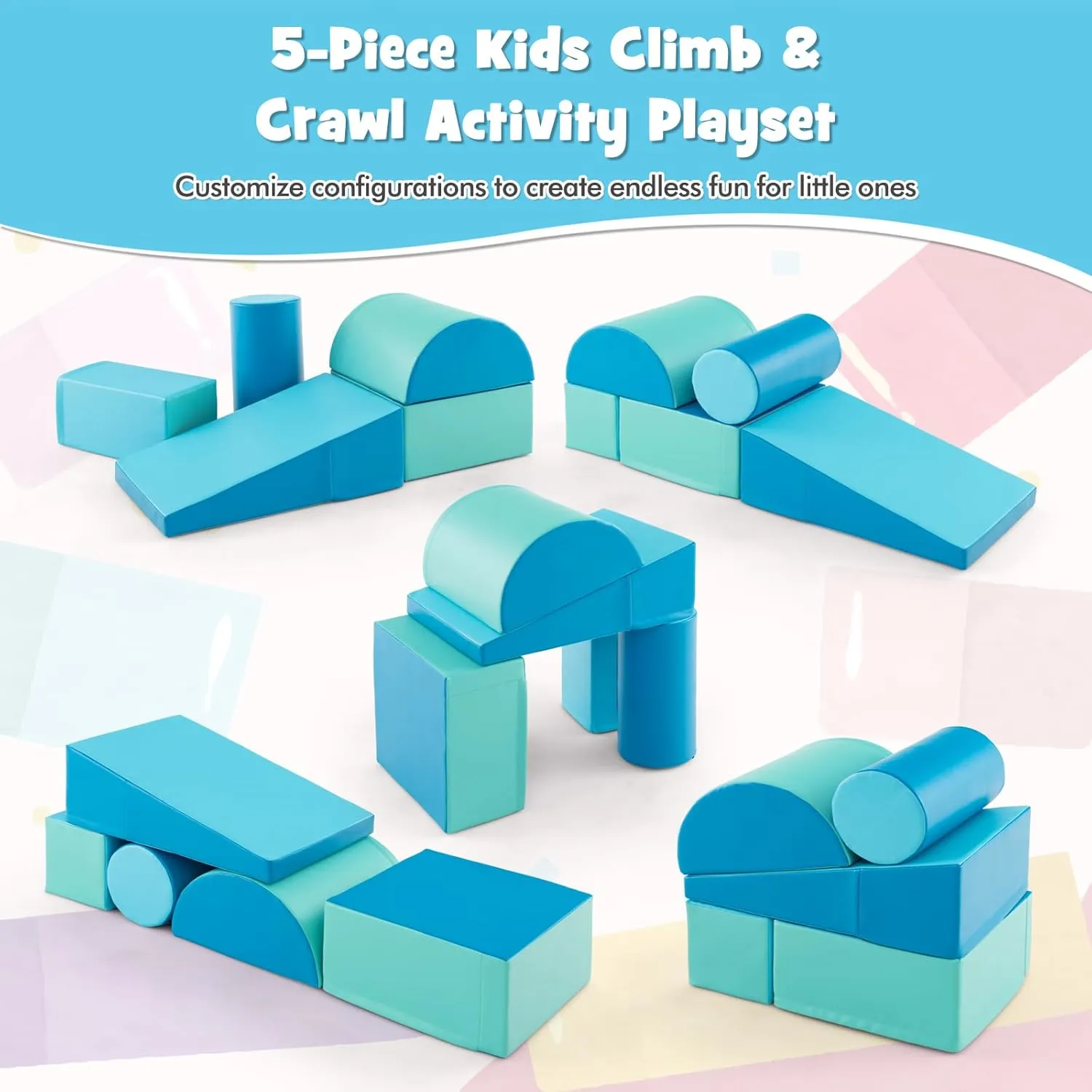 Montessori Soft Play Equipment | Pikler 5 Piece Foam Soft Play Set | Soft Play Slide & Bridge | Blues Set | 1-3 years
