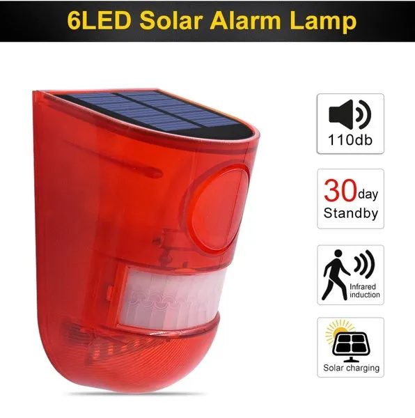 Motion Sensor Alarm Light 110db 6 LED Solar Lamp Waterproof Warning Lights Sound