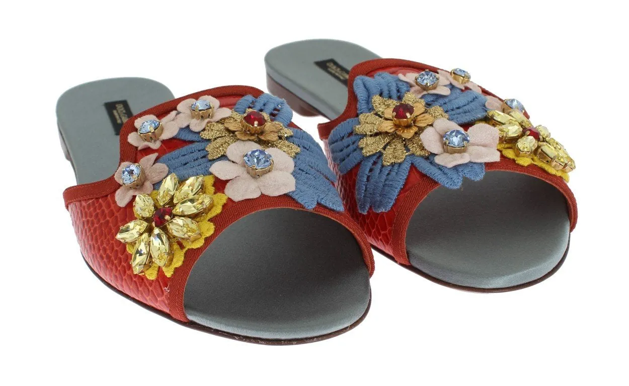 Multicolor Leather Crystal Flat Sandals