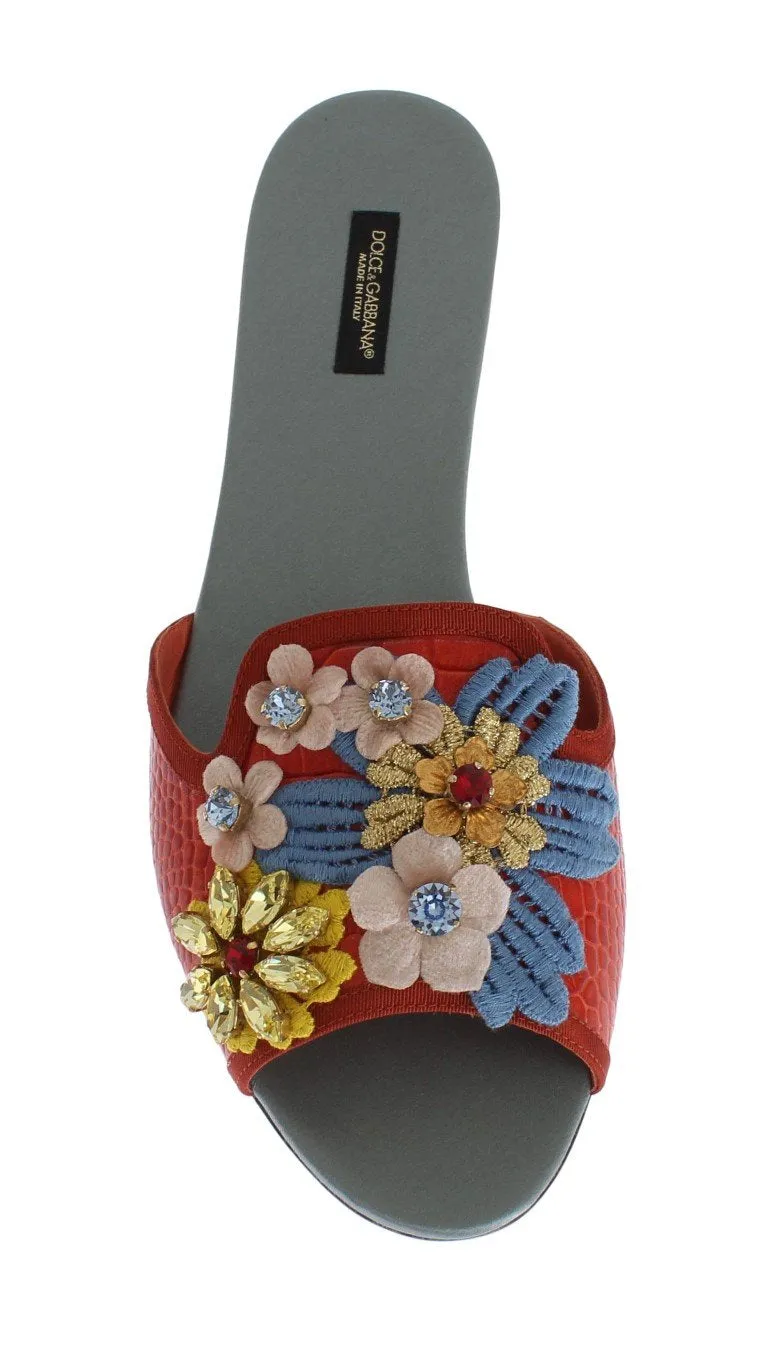 Multicolor Leather Crystal Flat Sandals