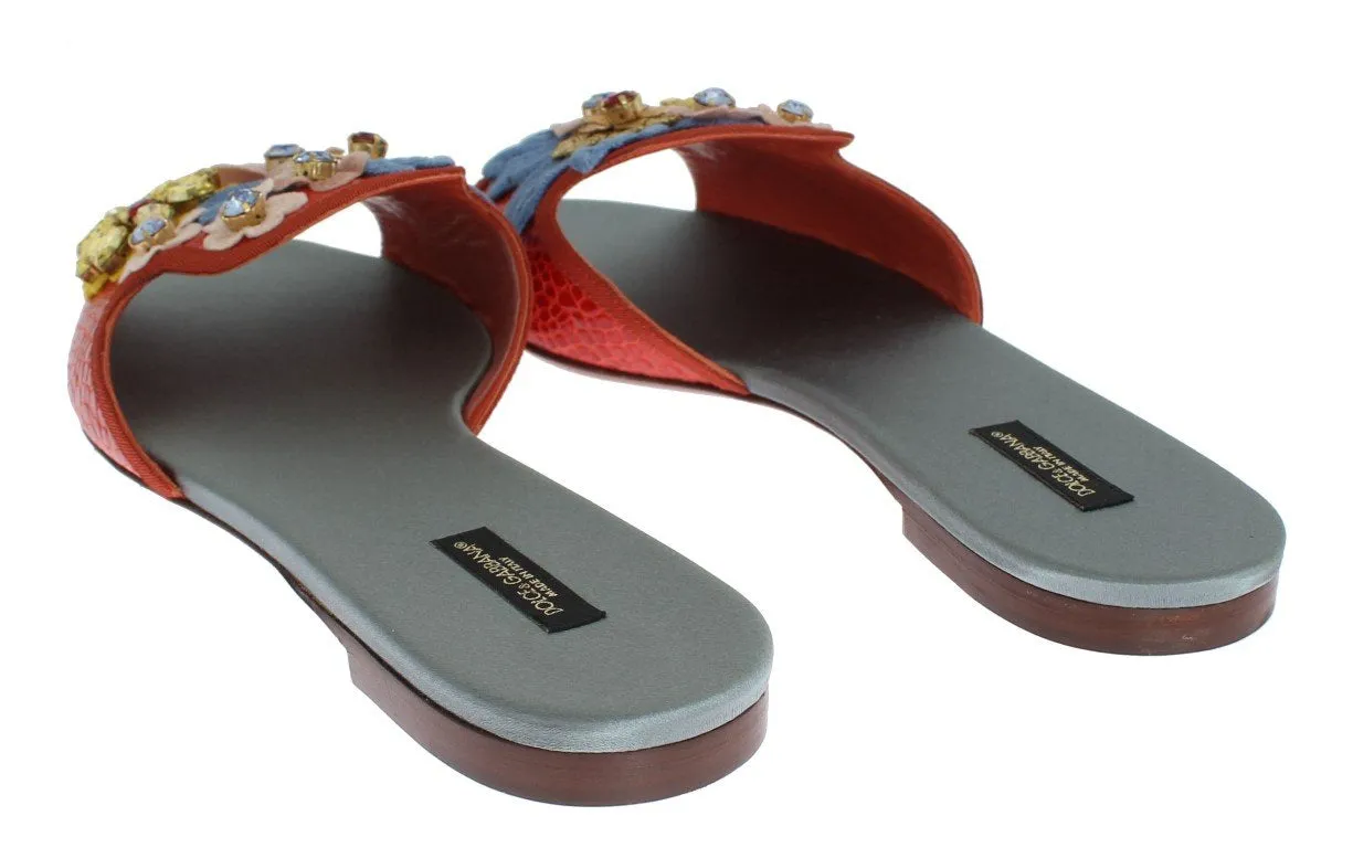 Multicolor Leather Crystal Flat Sandals