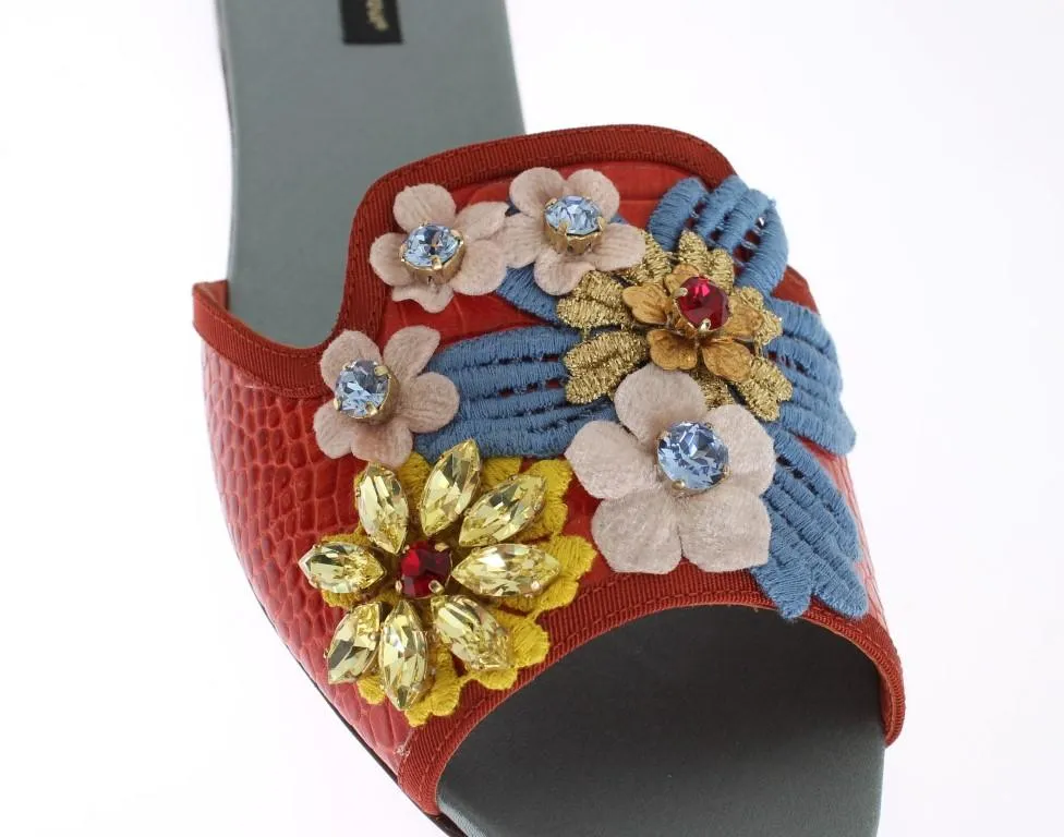 Multicolor Leather Crystal Flat Sandals