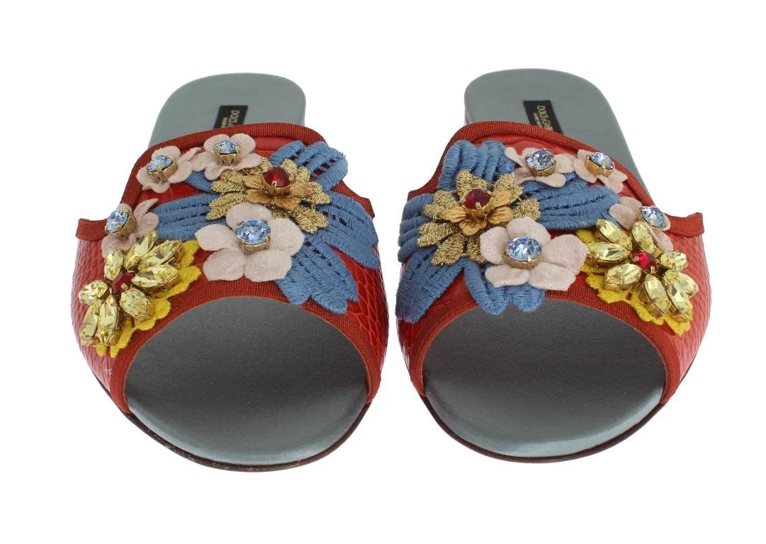 Multicolor Leather Crystal Flat Sandals
