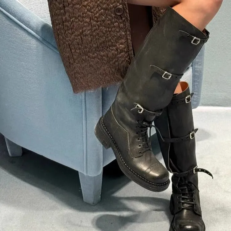 NEW & INSTOCK - Korean Style New Knee-High Buckle-Up and Lace-Up Knight Boots