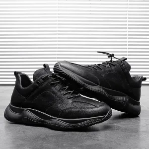 NEW Brand High Quality All Black Men's Leather Casual Shoes Fashion Breathable Sneakers Fashion Flats Big Plus Size 38-44 R5-27