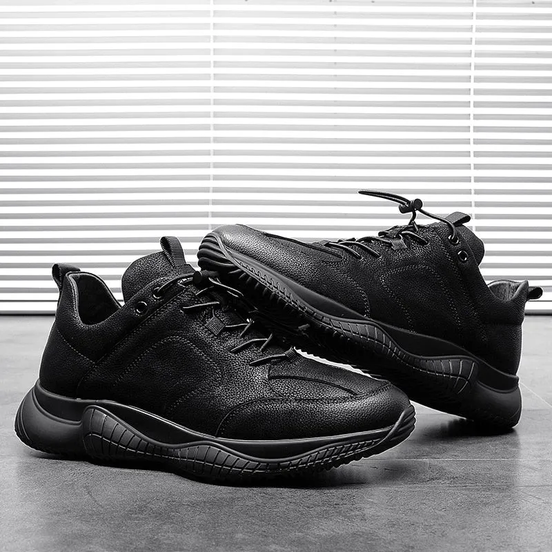 NEW Brand High Quality All Black Men's Leather Casual Shoes Fashion Breathable Sneakers Fashion Flats Big Plus Size 38-44 R5-27