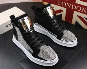 New Men luxury rhinestone metal plate platform high tops Casual Flats Shoes Man Rock punk Loafers board Sneakers zapatos hombre