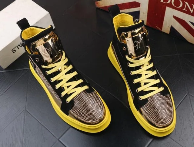 New Men luxury rhinestone metal plate platform high tops Casual Flats Shoes Man Rock punk Loafers board Sneakers zapatos hombre