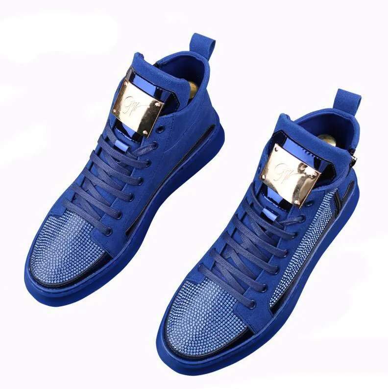 New Men luxury rhinestone metal plate platform high tops Casual Flats Shoes Man Rock punk Loafers board Sneakers zapatos hombre
