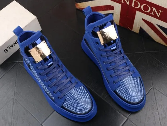 New Men luxury rhinestone metal plate platform high tops Casual Flats Shoes Man Rock punk Loafers board Sneakers zapatos hombre