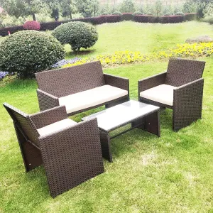 Olsen & Smith 4 Piece Rattan Outdoor Garden Patio Furniture Set - 1x Love Seat Sofa   2x Chairs   1x Table (Brown)