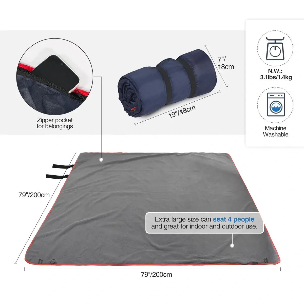Outdoor Waterproof Blanket with Warm Fleece