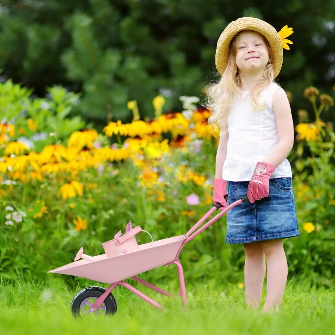 Pink Flamingos Kids Wheelbarrow Set|Children's wheelbarrow with Gardening Tools and Gloves Age 3 