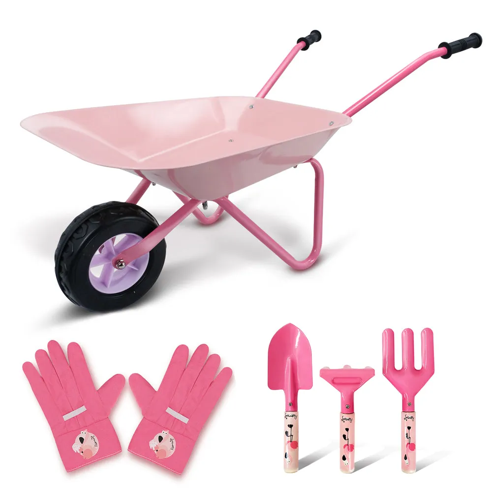Pink Flamingos Kids Wheelbarrow Set|Children's wheelbarrow with Gardening Tools and Gloves Age 3 