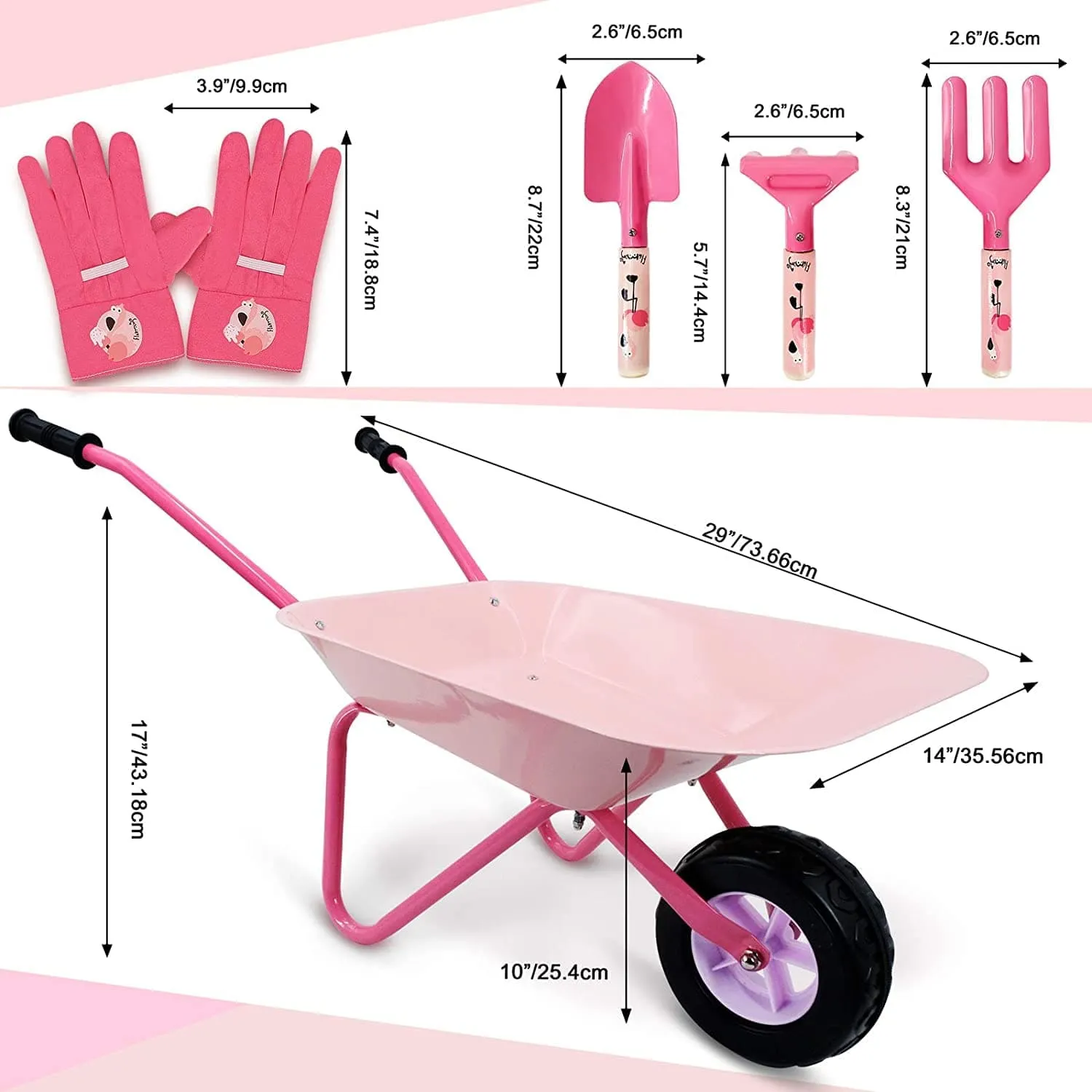 Pink Flamingos Kids Wheelbarrow Set|Children's wheelbarrow with Gardening Tools and Gloves Age 3 