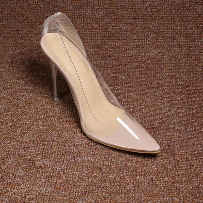 Pointed transparent PVC patent leather shoes