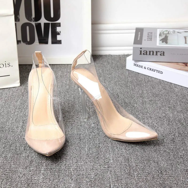 Pointed transparent PVC patent leather shoes