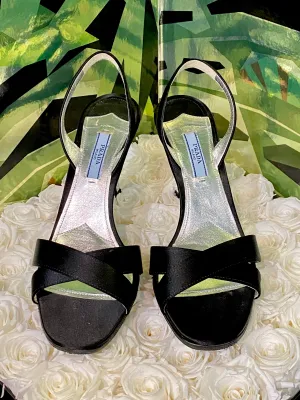 Prada Black Satin Criss Cross Toe Slingback Sandal with Crystal Heel
