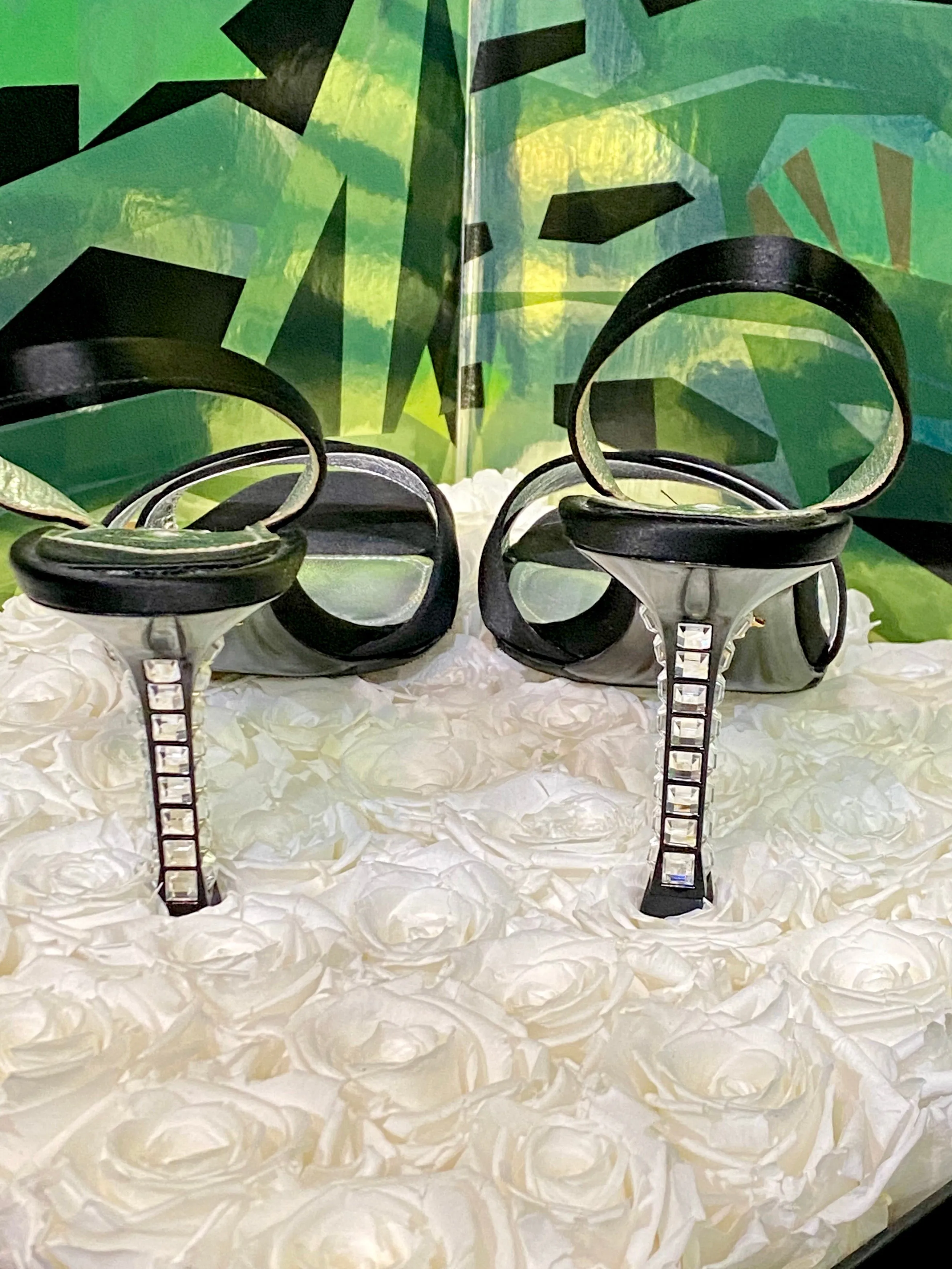 Prada Black Satin Criss Cross Toe Slingback Sandal with Crystal Heel