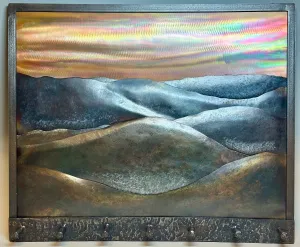 "MOUNTAIN SUNSET" HAND FORGED METAL WALL HANGING WITH HOOKS