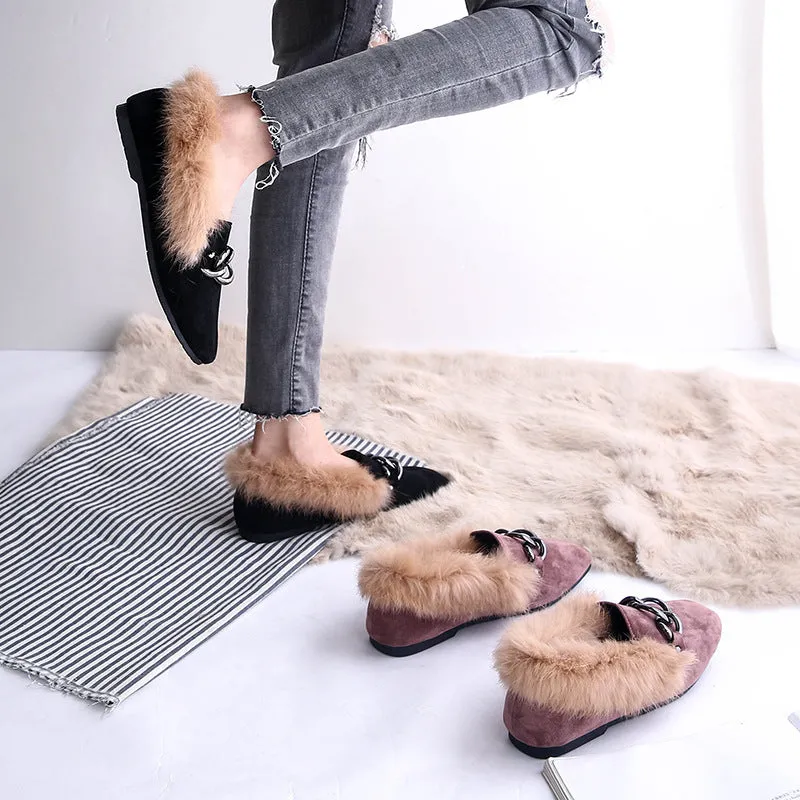 Rabbit fur and velvet cotton flats