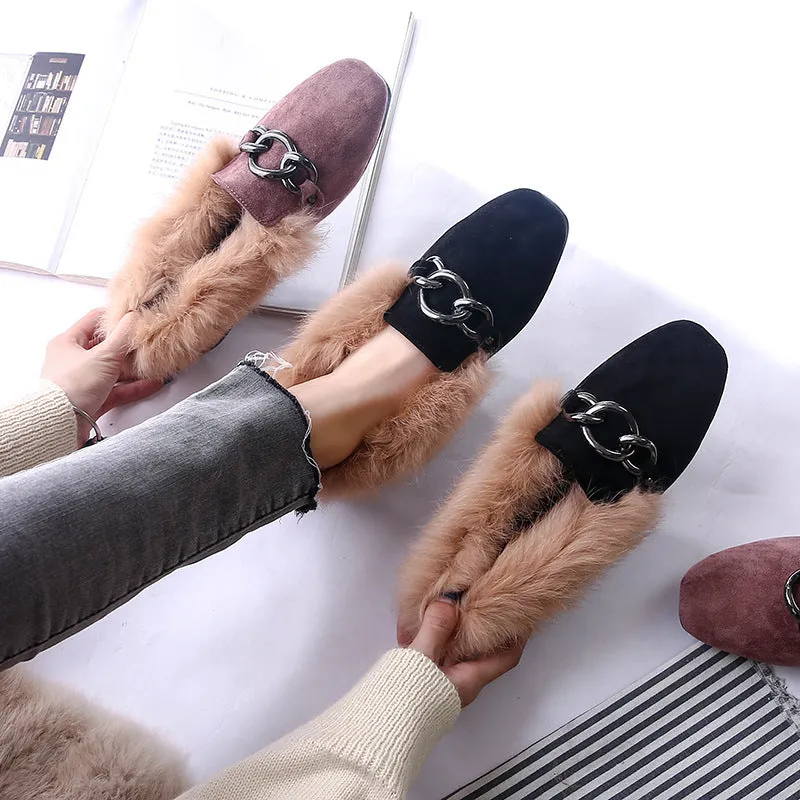 Rabbit fur and velvet cotton flats