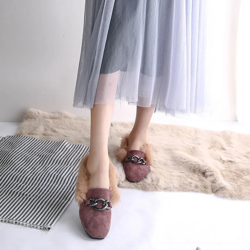 Rabbit fur and velvet cotton flats